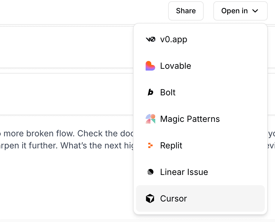 Open in dropdown showing Cursor option