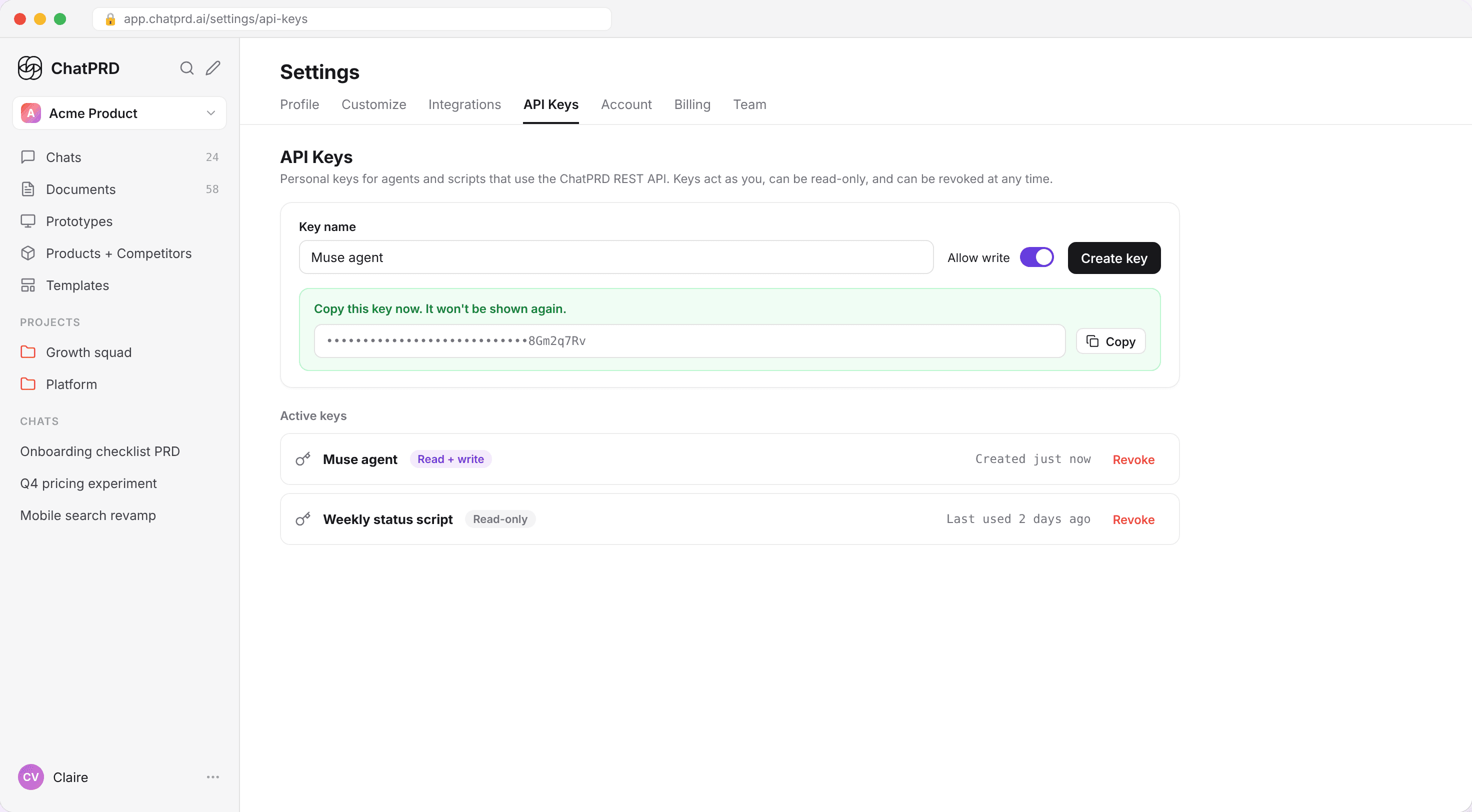 Settings → API Keys, with a read-only key and a read + write key