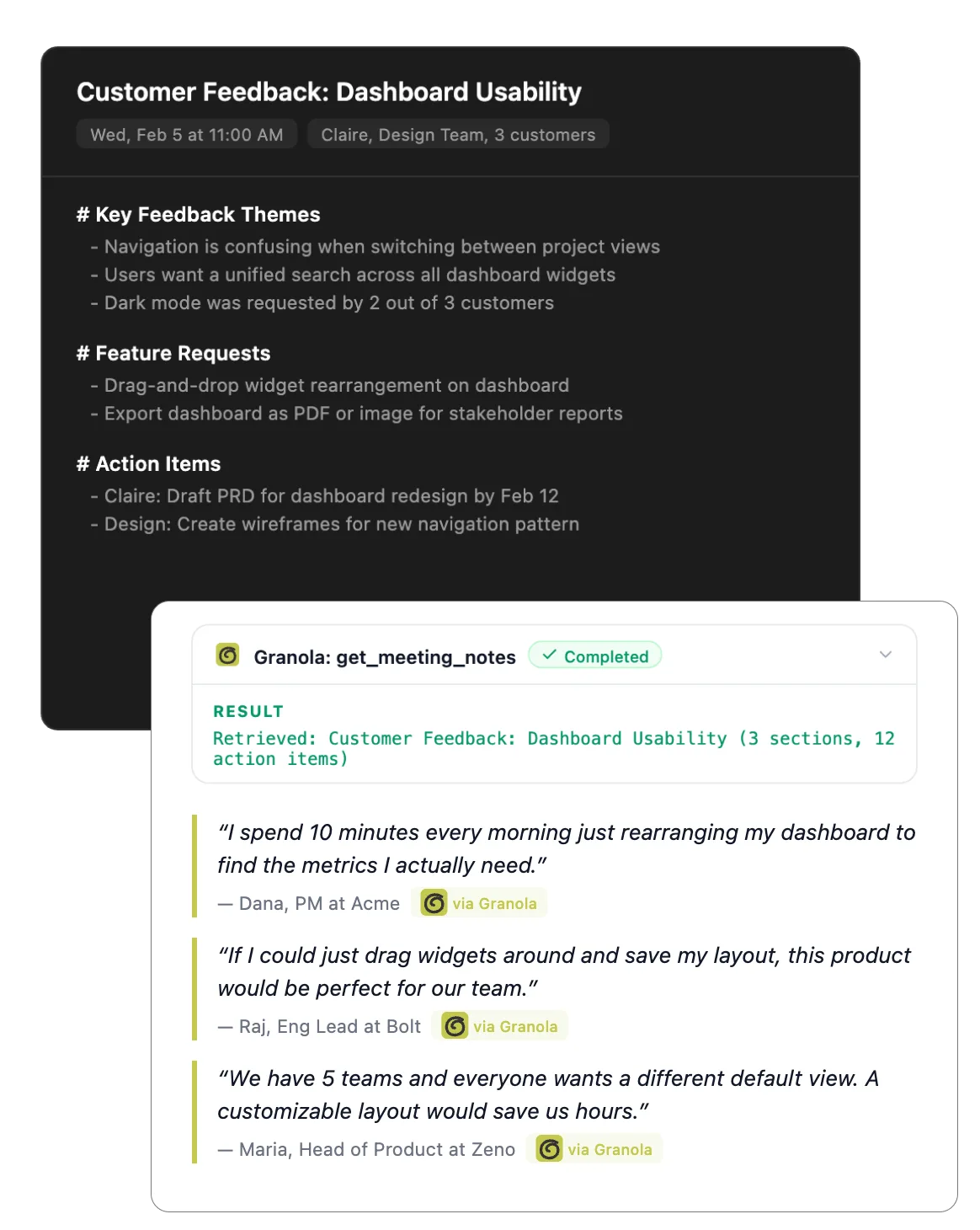 Granola meeting notes pulled into ChatPRD with customer feedback quotes