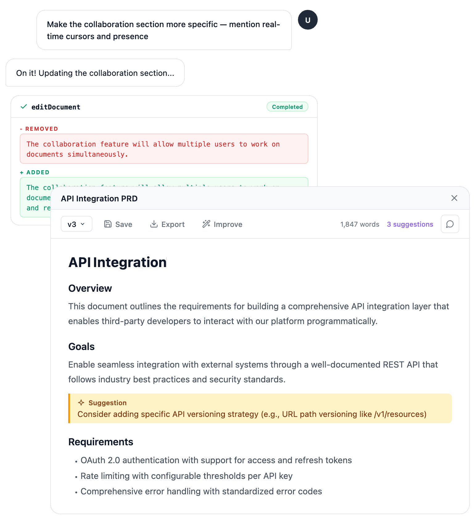 ChatPRD AI coaching — edits, suggestions, and inline feedback