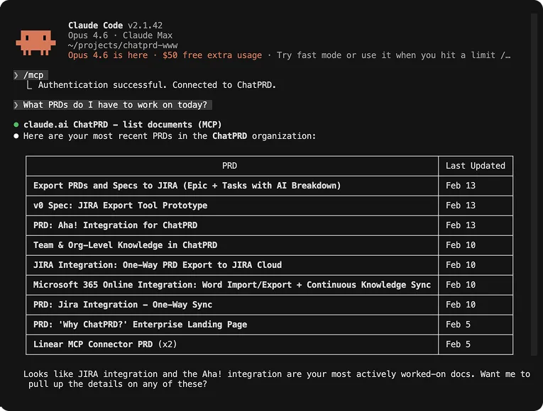 ChatPRD MCP connected in engineering tools