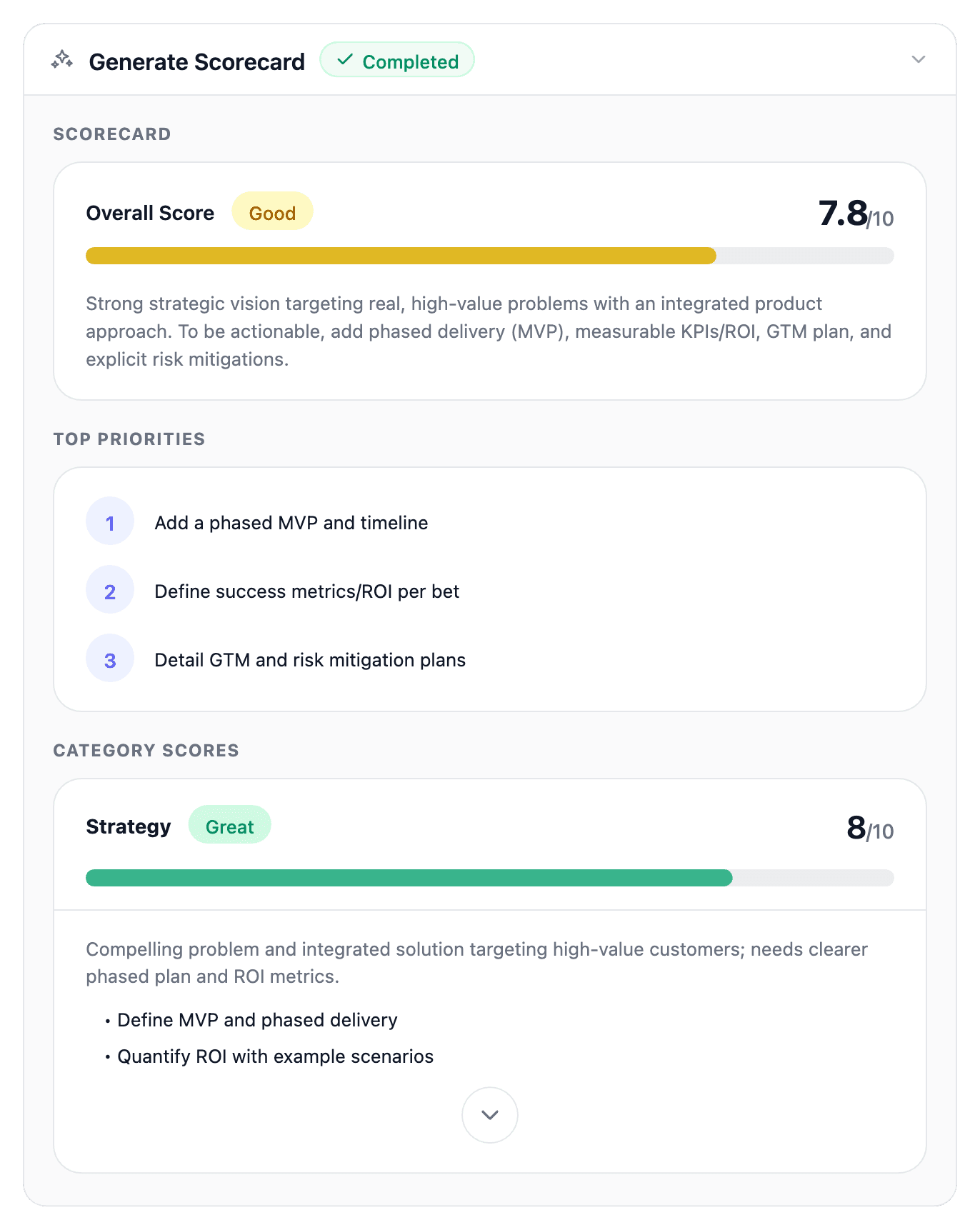 ChatPRD scorecard — AI-generated document quality scores and priorities