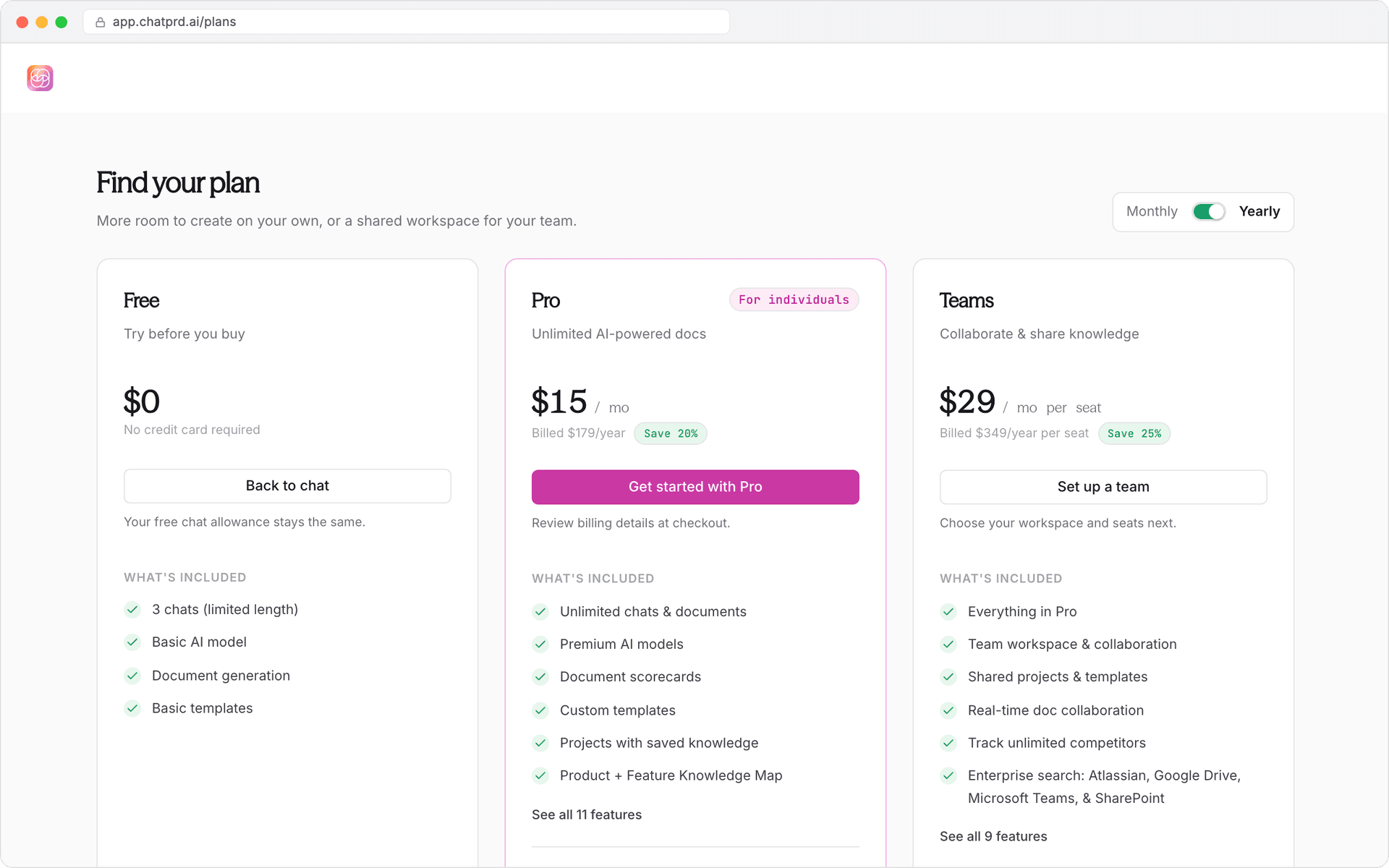 The Plans page: Free, Pro and Teams, billed monthly or yearly.