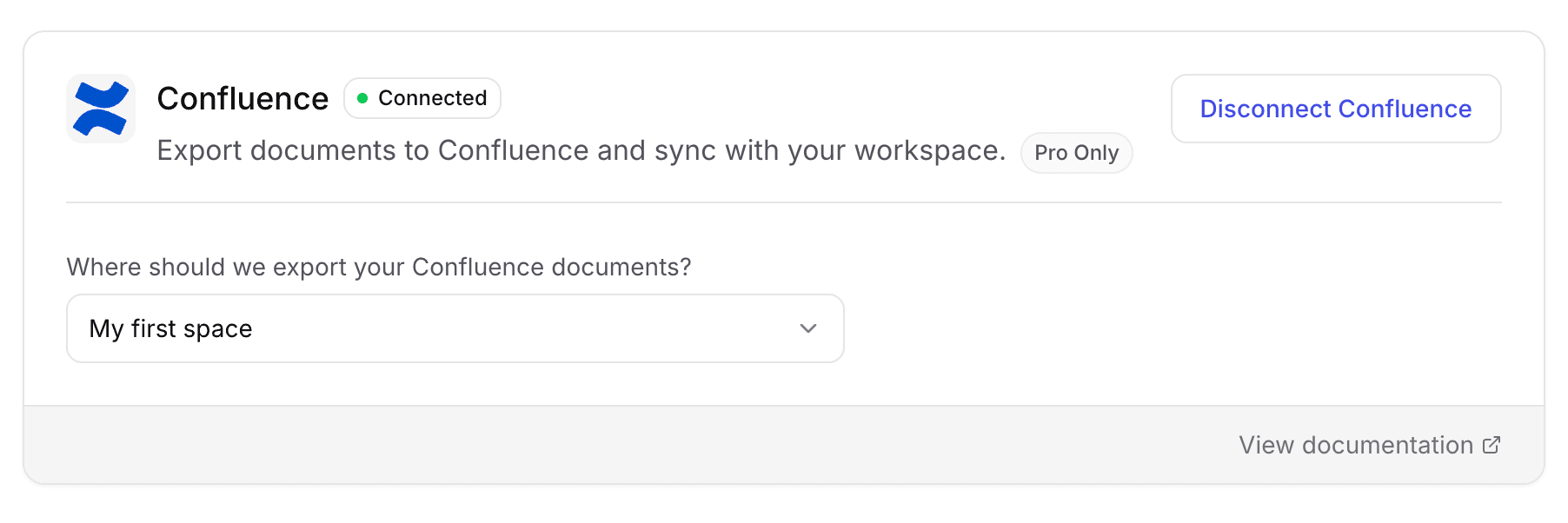 Confluence integration card showing Connected status and space selector