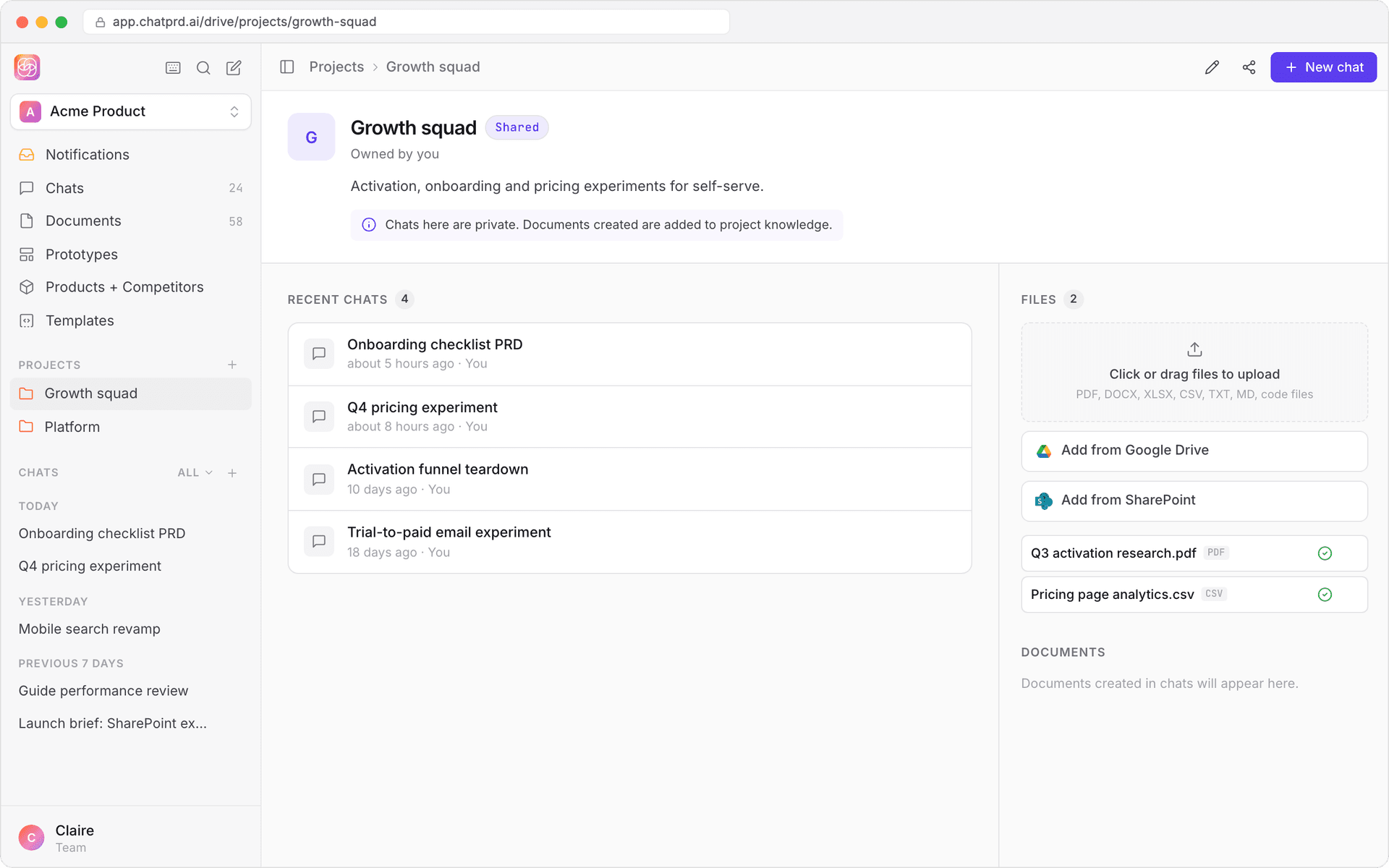 A project page: recent chats, project files and documents.