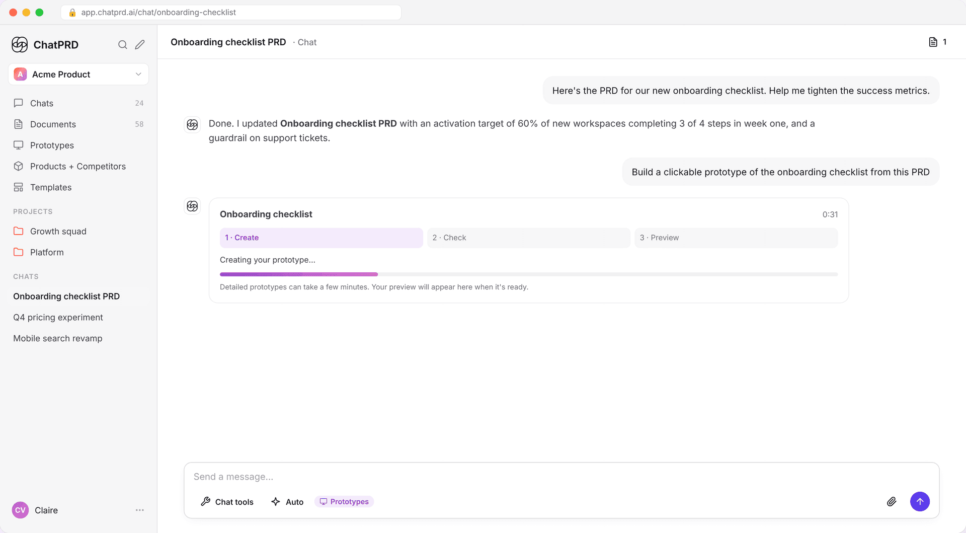 The build moves through Create, Check and Preview.