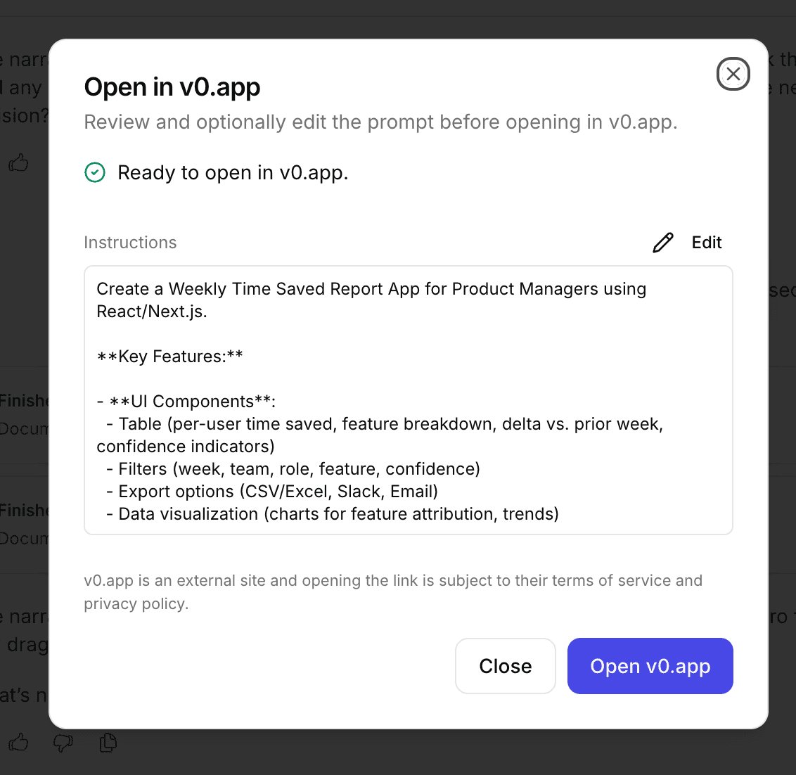 Open in v0.app dialog showing prompt preview and Open button