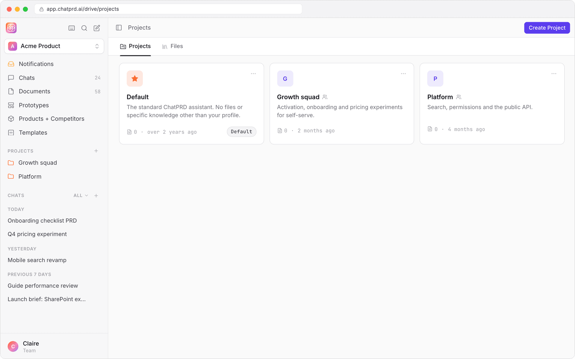 Projects, with Create Project.