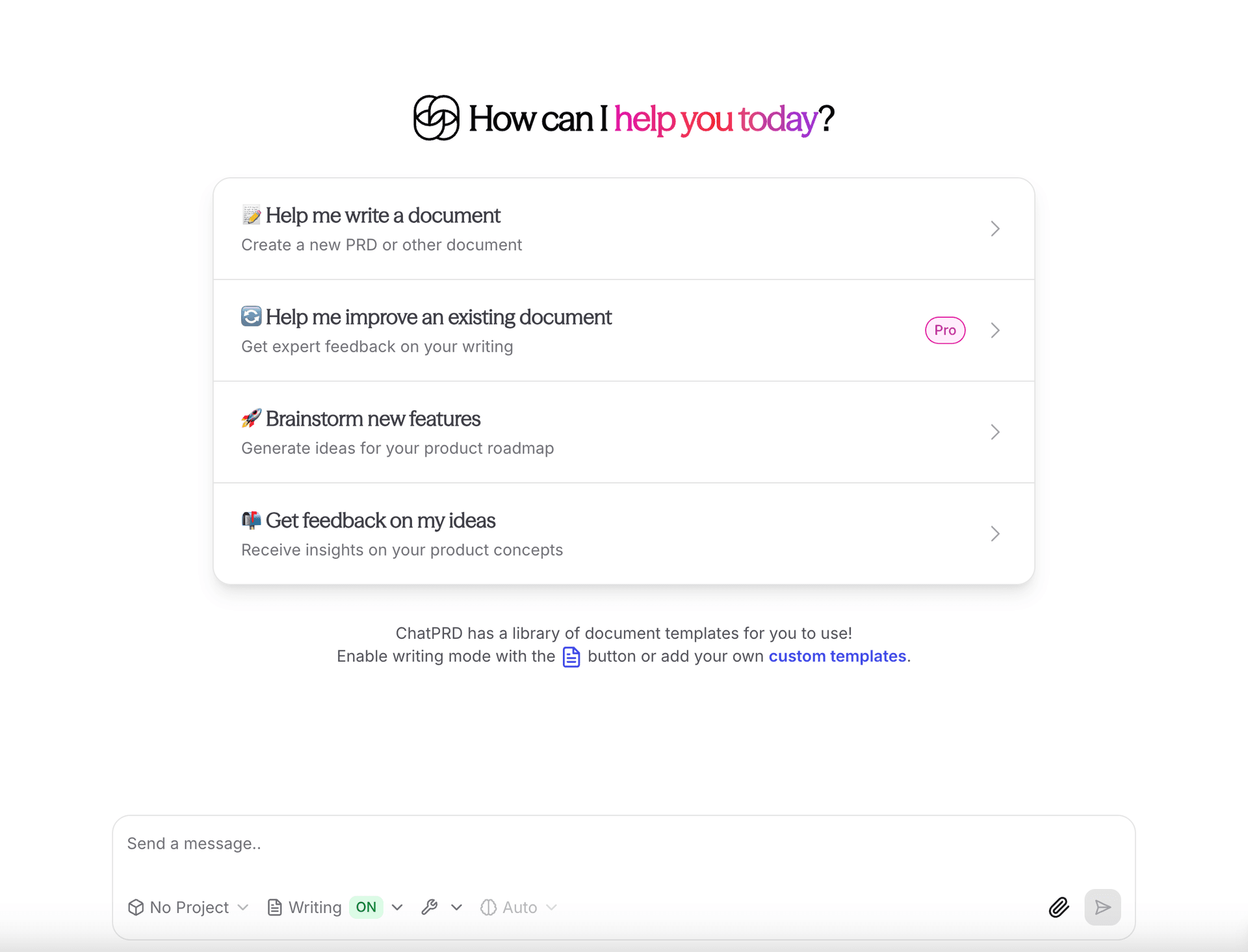 ChatPRD main chat interface with quick action options