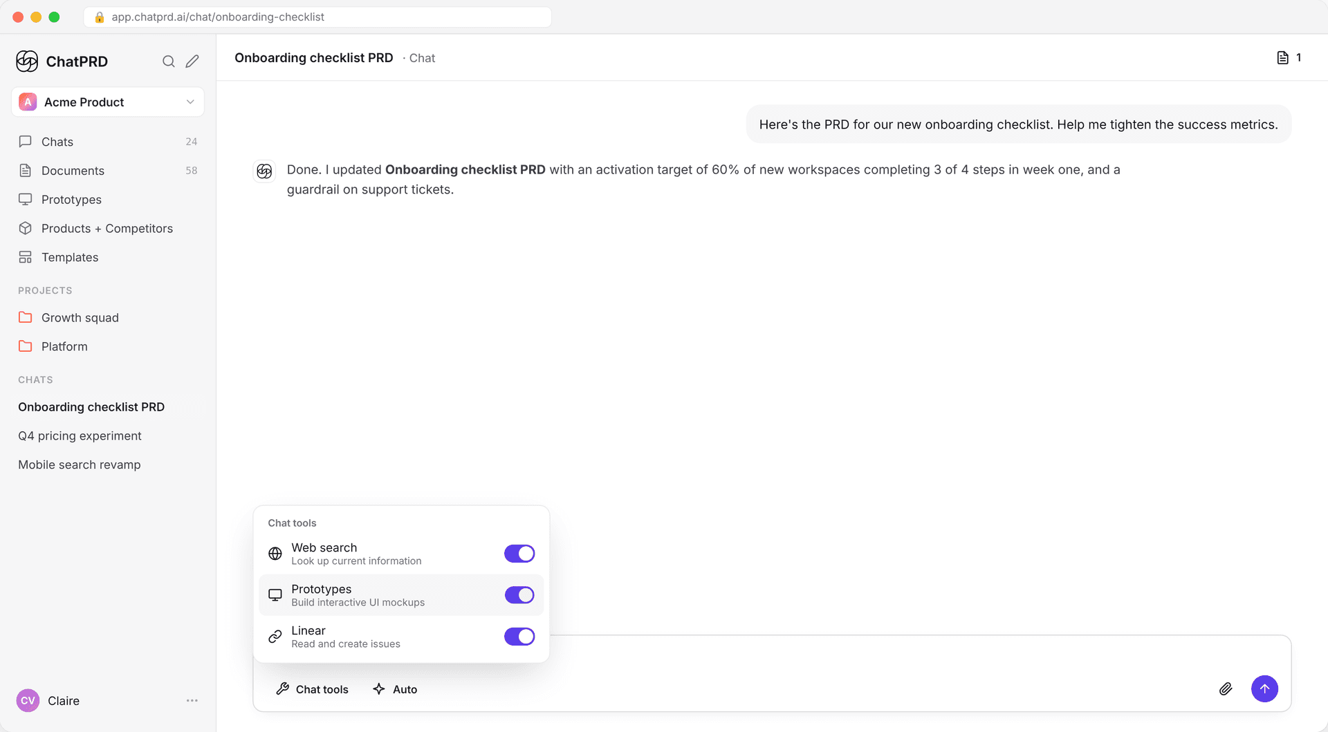 Switch on Prototypes in the Chat tools menu.