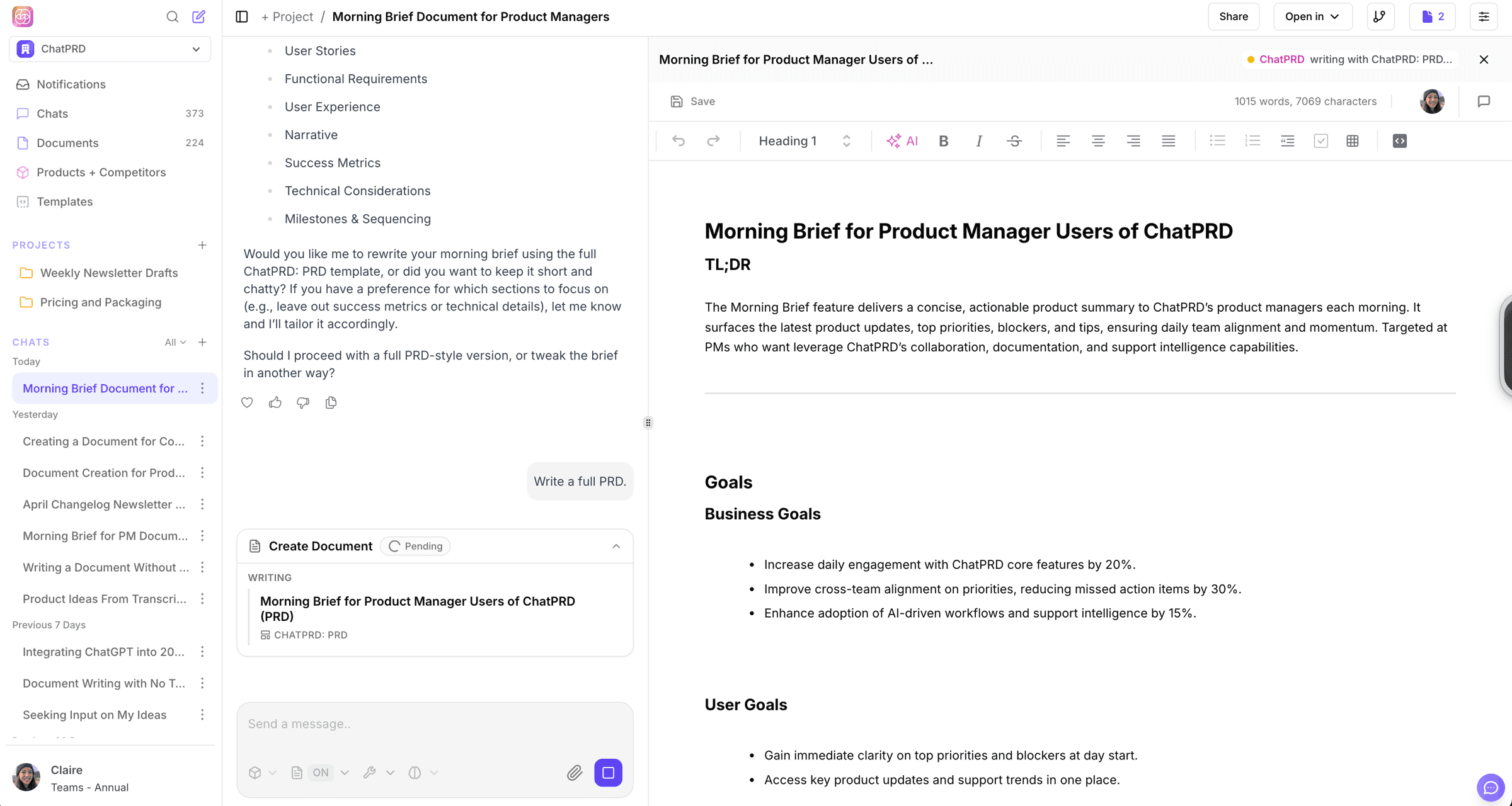 Faster Document Streaming — ChatPRD newsletter image