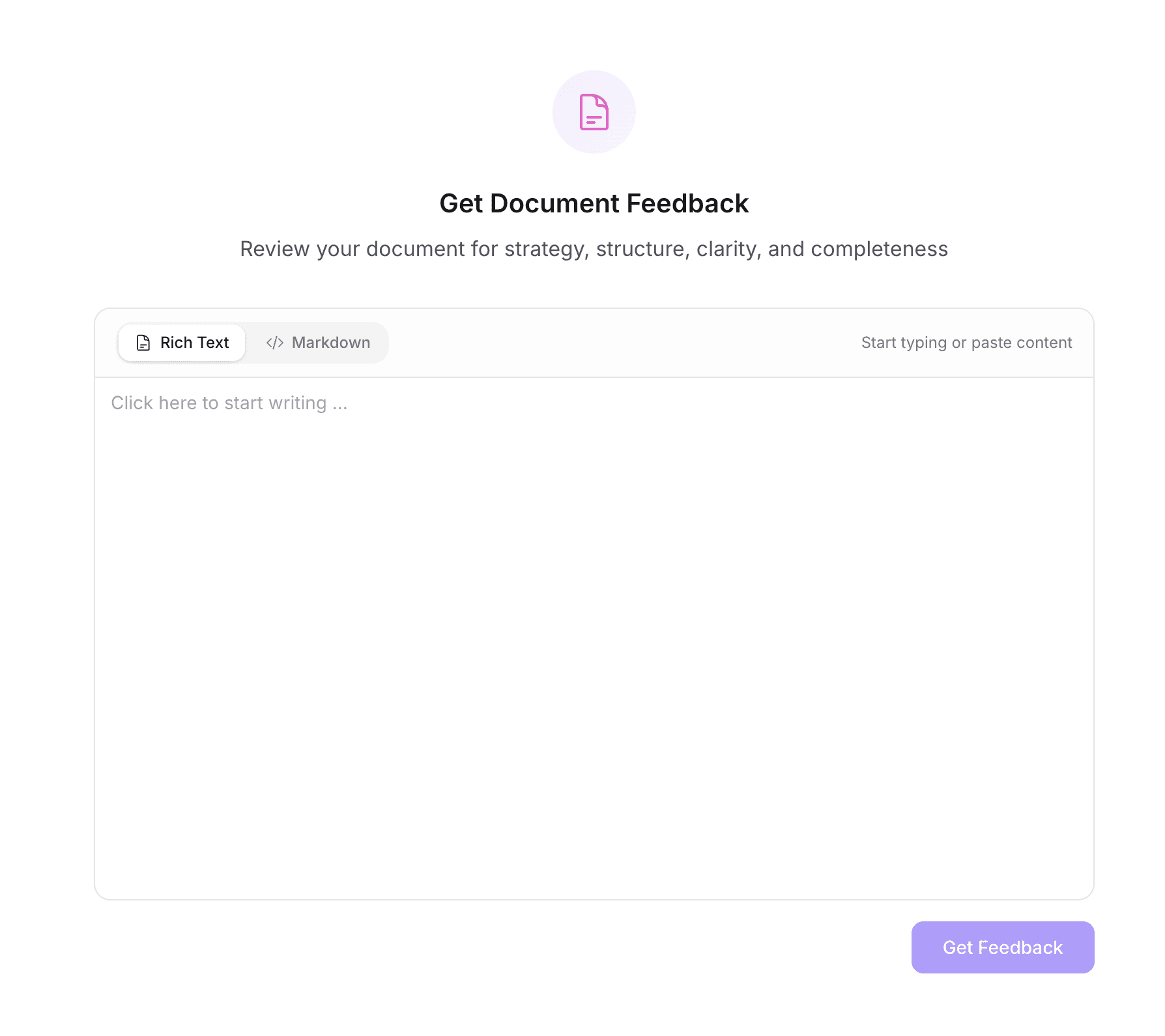 Document feedback input screen with Rich Text and Markdown options
