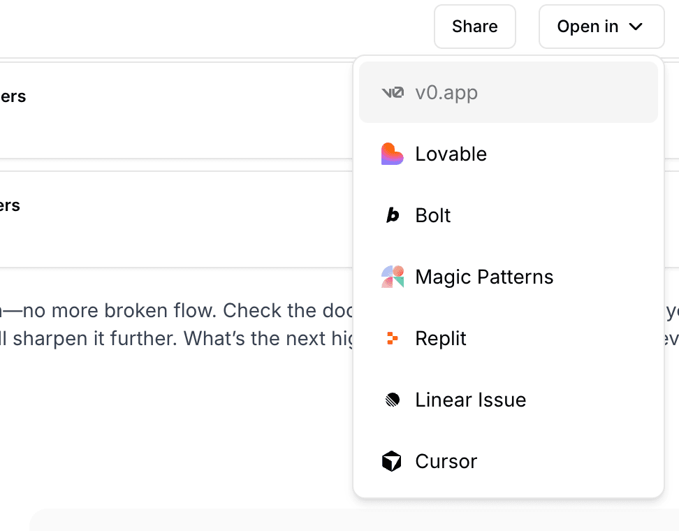 Open in dropdown showing v0.app option
