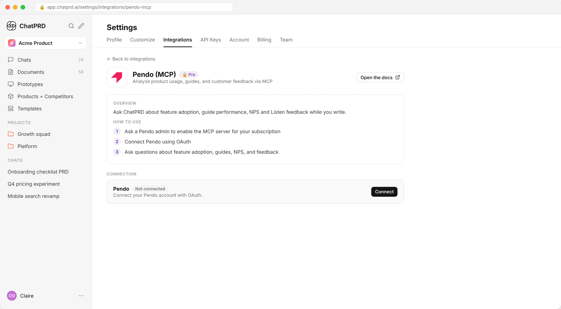 The Pendo integration page in Settings.