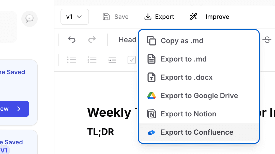Export dropdown showing Export to Confluence option