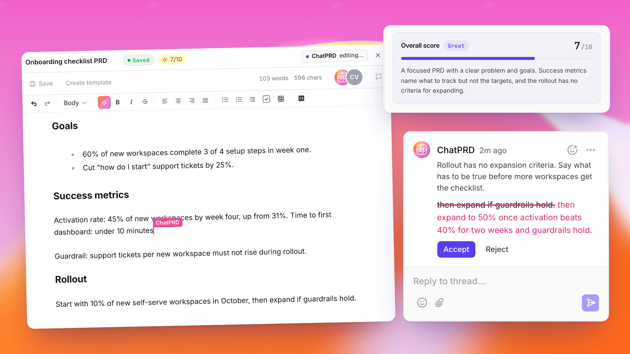 ChatPRD editing Success metrics with its pink avatar and caret, alongside an Overall score of 7/10 and a suggestion comment.