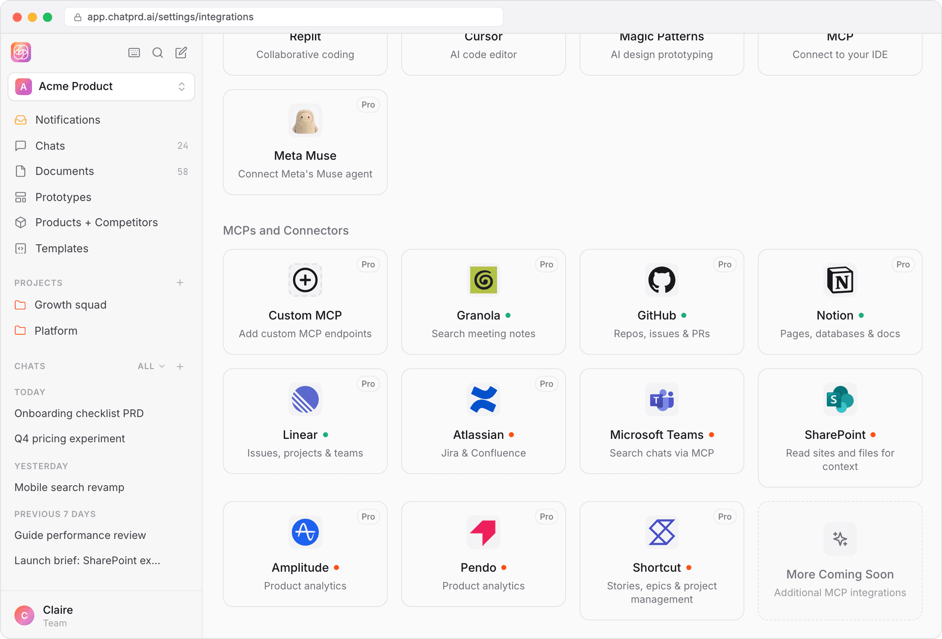MCPs and Connectors in Settings > Integrations.