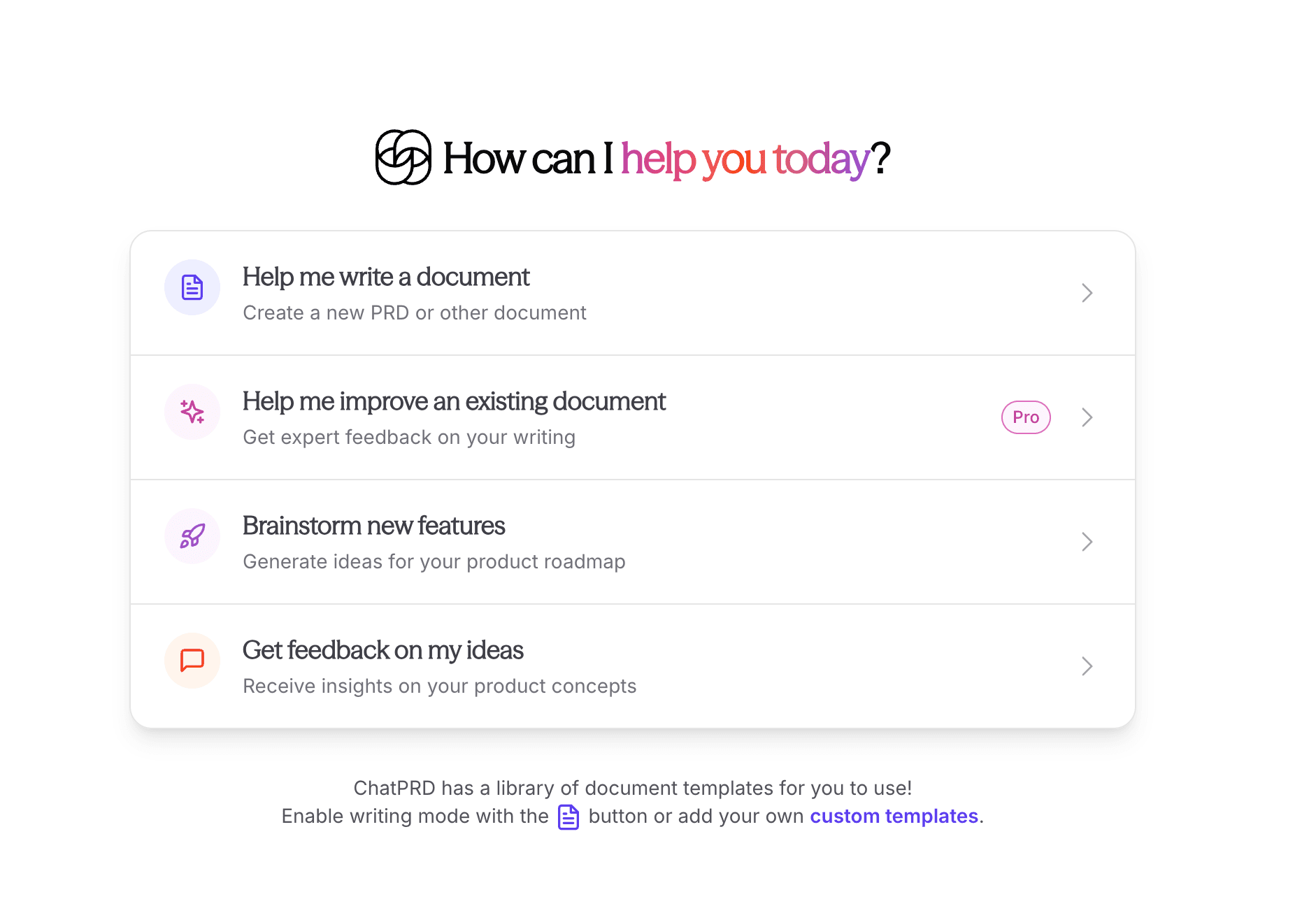 ChatPRD home screen showing the Help me improve an existing document option