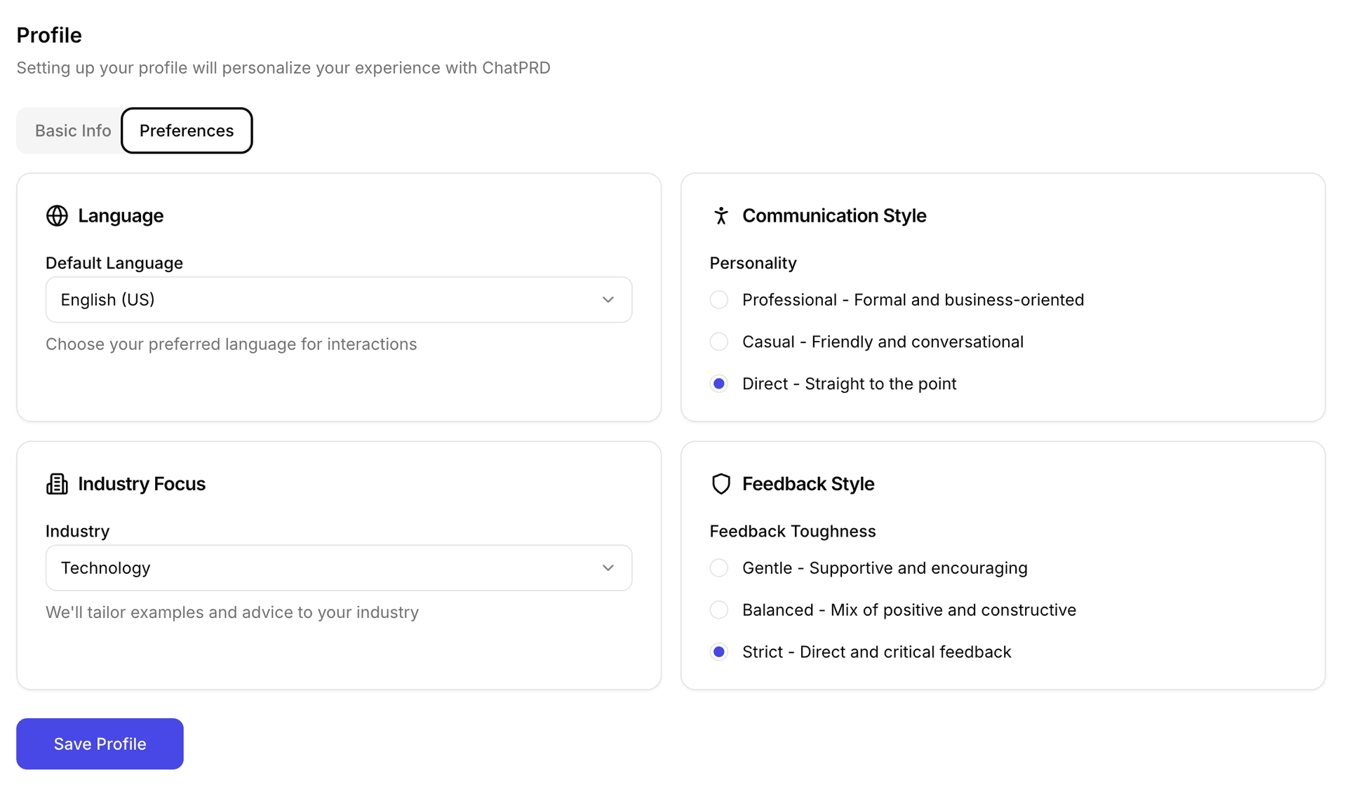 Profile Settings Preferences tab with language, communication style, industry focus, and feedback style options