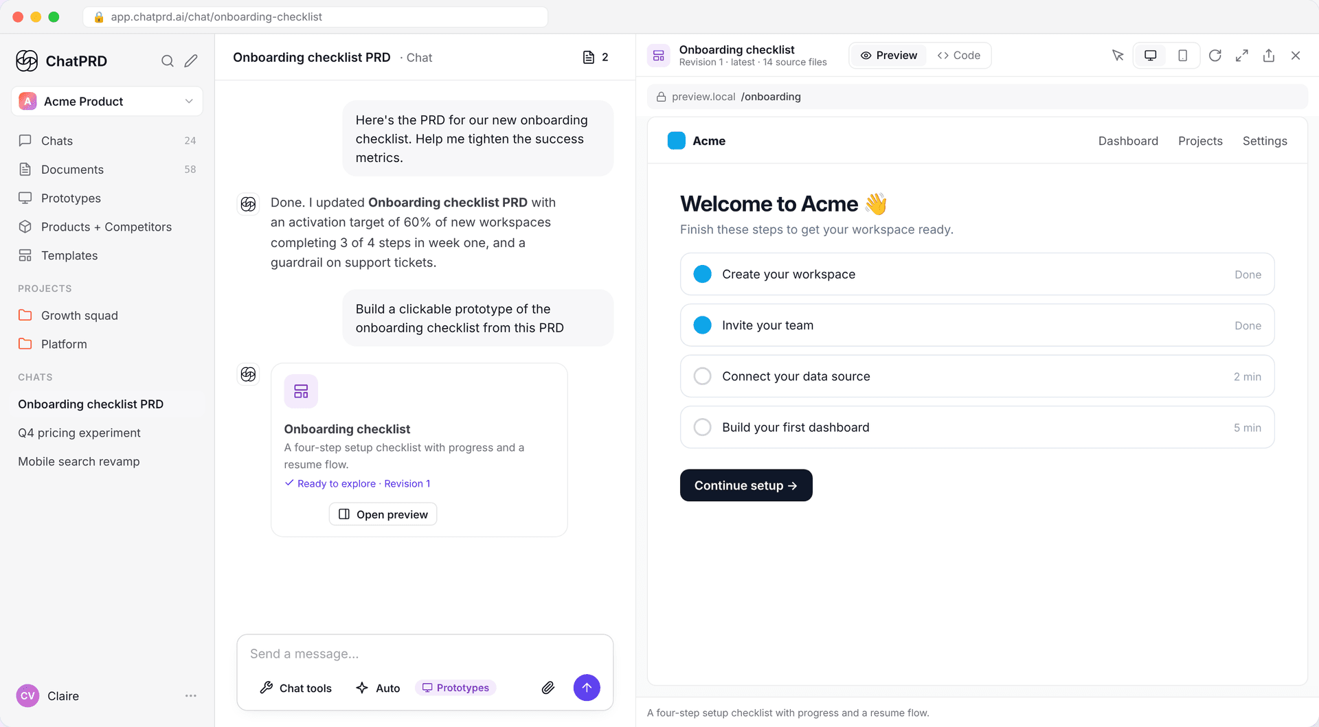 The prototype opens beside the chat, with an address bar for multi-page sites.