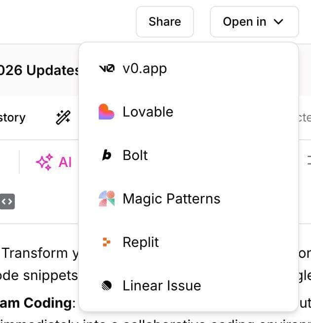 Open in dropdown menu showing Replit and other integration options