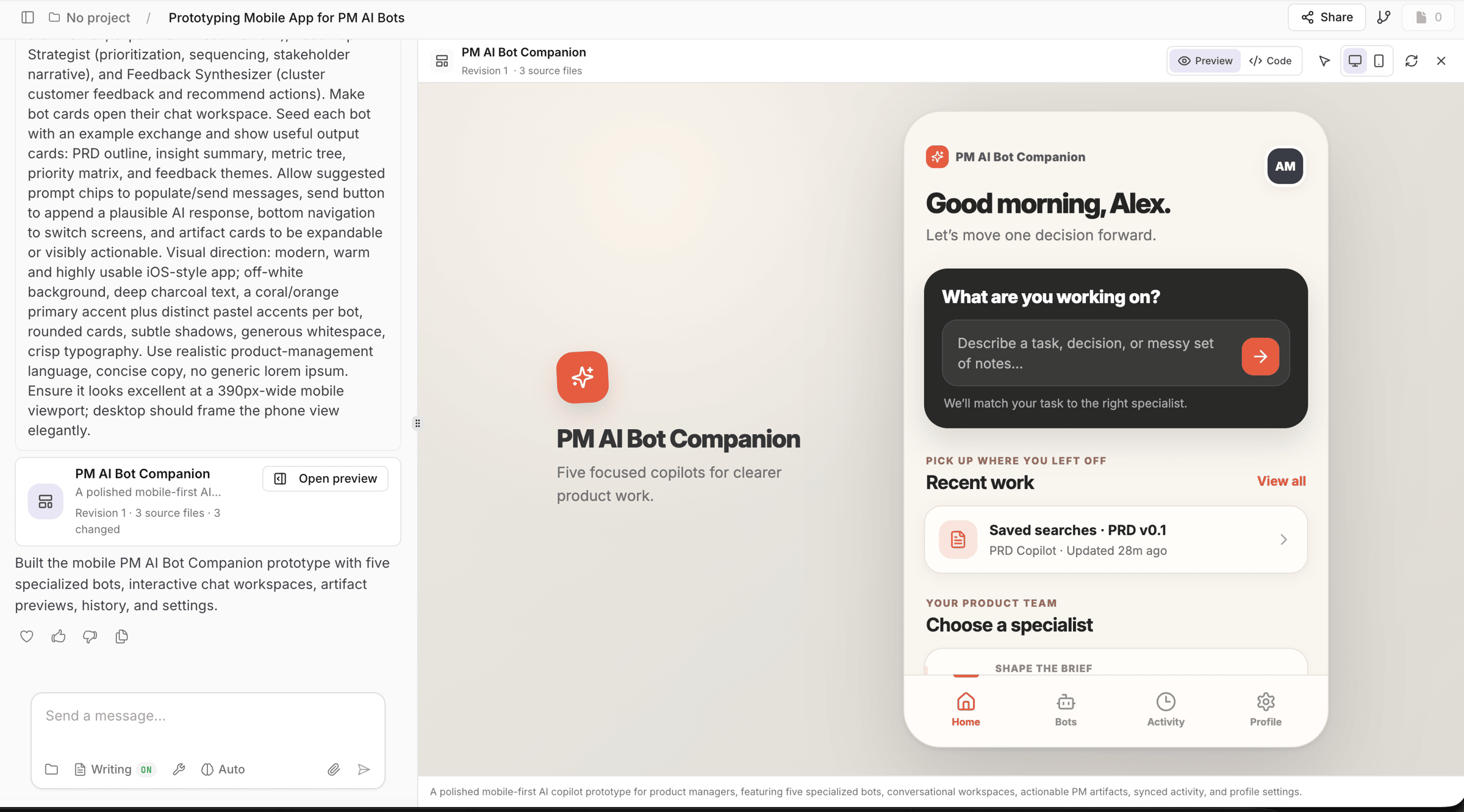 A clickable product prototype generated and edited inside a ChatPRD conversation.