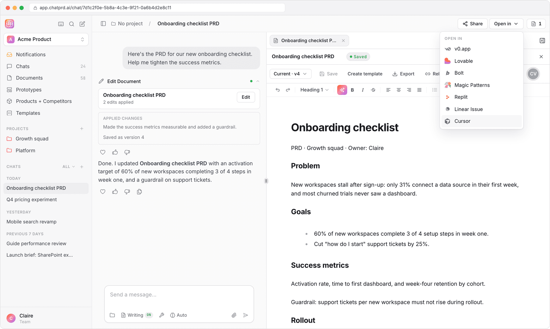 The Open in menu in the chat header, with Cursor highlighted.