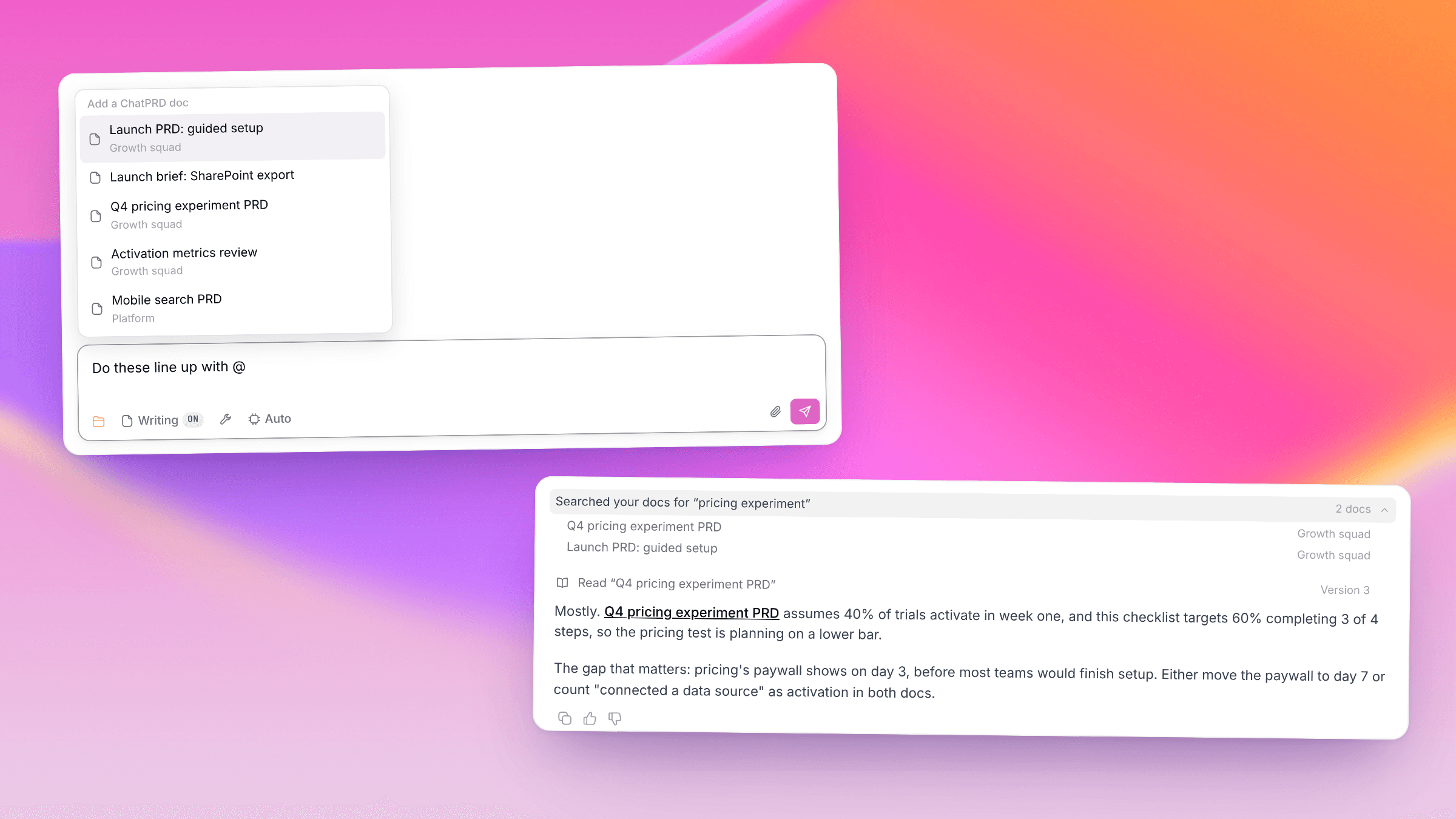 The @ picker lists ChatPRD docs, and a chat reply searches for a pricing experiment, reads its PRD, and links to the document.