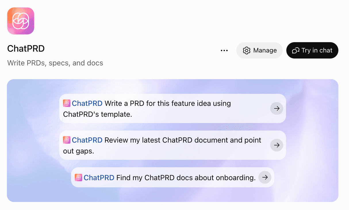 ChatPRD in ChatGPT, with prompts to write a PRD, review a document for gaps, and find docs about onboarding.