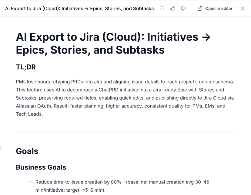ChatPRD writing a document interface